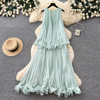 Robe longue plissée sans manches col en V pour femme, disponible en deux couleurs, tailles S-L