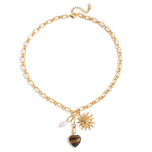 J & D Vintage Otoño Invierno joyería Acero inoxidable sol agua dulce perla tubo facetado redondo corazón Tigereye collar - Product Image 5