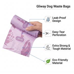 Sacs à déjections canines Gliway, imprimé animal violet, anti-fuite, avec ligne de déchirement facile, sacs en plastique pour déchets de chiens - Product Image 6