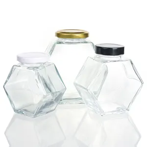 Pot de miel en verre d'emballage de confiture hexagonale de 220ml 380ml 730ml en gros avec louche en bois