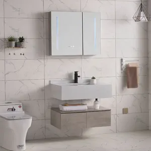 Tocador de baño gris de alto brillo Tocador de baño de madera oscura con espejo Los mejores gabinetes de tocador de baño