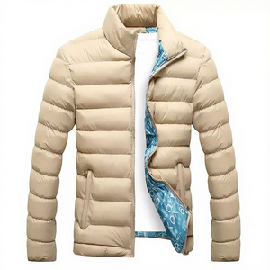 Men's <b>Black</b> <b>Puffer</b> Jacket Solid Color Windproof Winter Casual Zipper Closure Stand Collar Polyester Wadding Slim Fit - Product Image 3