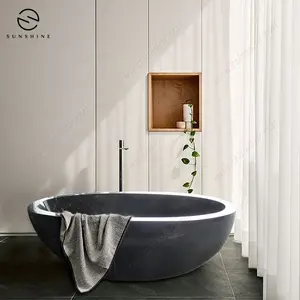 Black Solid Marble Stone Freestanding Soaking Bath Tub