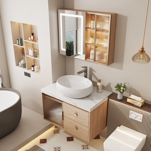 Wooden colored rock slab countertop basin intelligent <b>mirror</b> cabinet <b>wall</b> mounted bathroom cabinet - Product Image 3