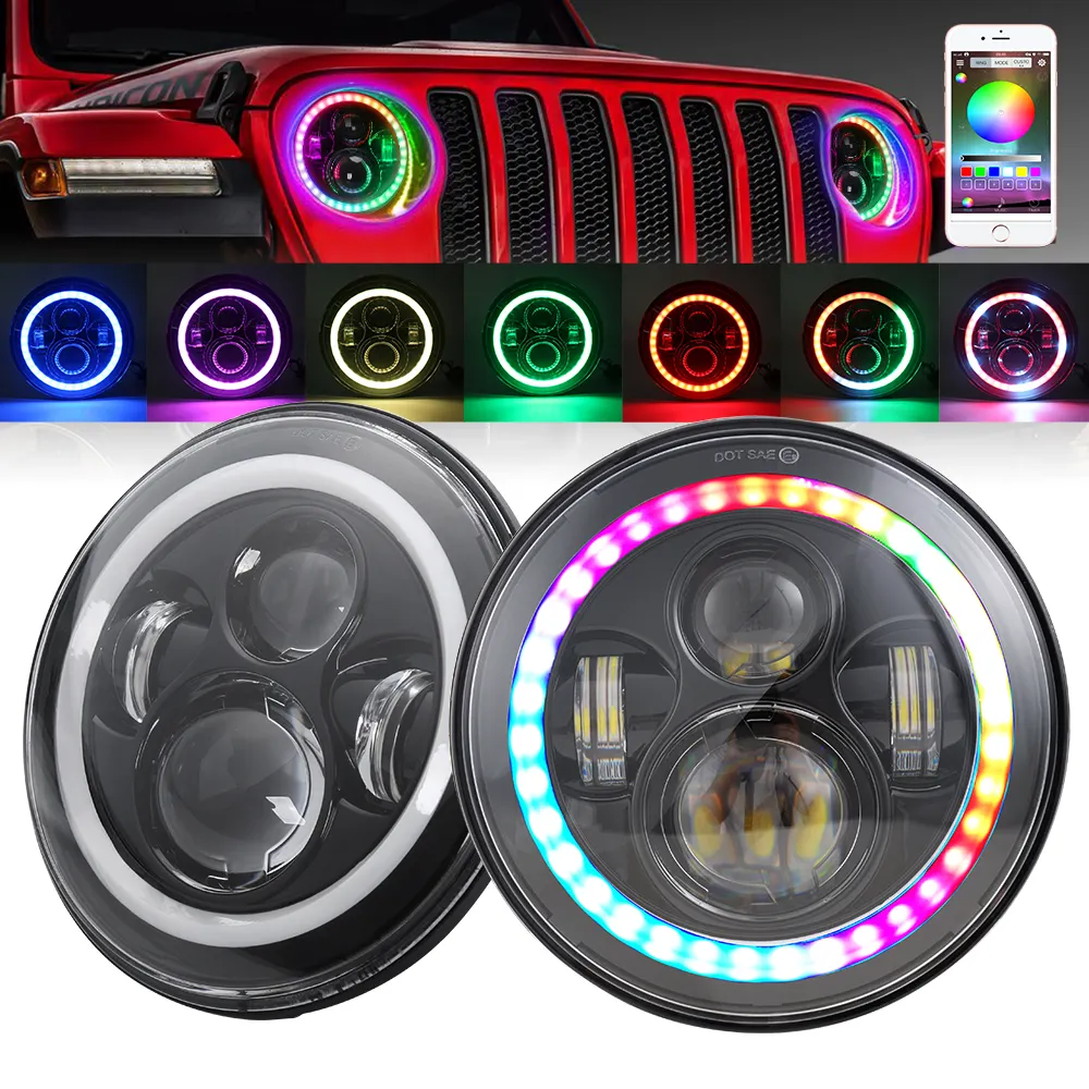 Auto Lighting System Driving Light RGB Round 7Inch LED Headlight For Car And Motorcycle