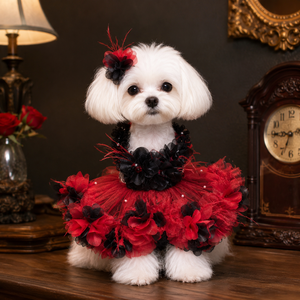 Robe de luxe pour chien, rouge et noir, avec appliques florales 3D, en tulle superposé, pour petite taille, tenue de fête, jupe pour chiot, costume d'anniversaire - Product Image 4