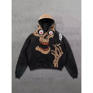 Custom Streetwear Skeleton Fire Print Vintage Washed Men's Hoodies Sweatshirts High Quality <b>Gothic</b> Oversized Pullover Hoodie - Product Image 3