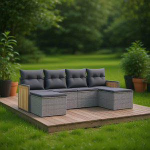 Ensemble de canapés de jardin en rotin gris 4 places, résistant aux intempéries, mobilier d'extérieur au design contemporain, structure en teck - Product Image 2