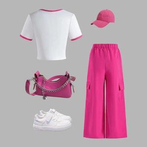 Nuovo stile Set di abbigliamento per ragazze adolescenti con scritta stampata t-shirt + <span class=keywords><strong>pantaloni</strong></span> <span class=keywords><strong>Cargo</strong></span> + cappello + scarpe 4 pezzi Set di abbigliamento per ragazze - Product Image 2
