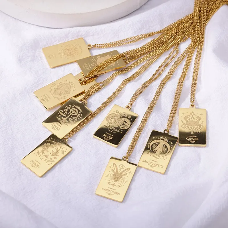 महिलाओं के गहने 18k सोना मढ़वाया ज्योतिष कुंडली टैरो कार्ड स्टेनलेस स्टील लटकन 12 राशि चक्र पर हस्ताक्षर हार
