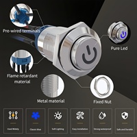 Sakelar Tombol Tekan Logam 12mm, Kepala Tinggi, LED Simbol Daya Biru, 12V DC, 1NO Sudah Terpasang Kabel
