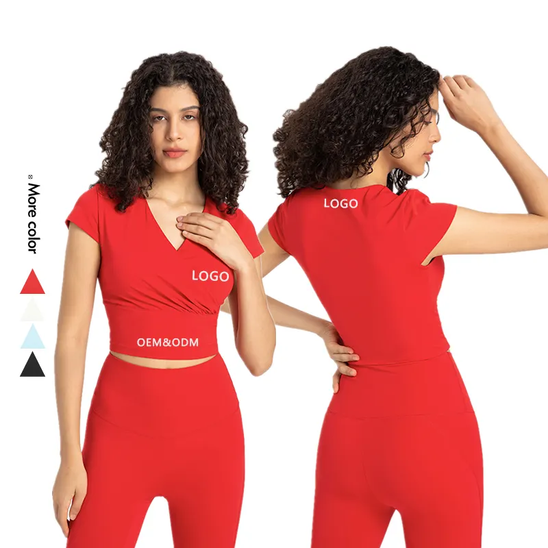 Xsunwing New Women's Custom Logo Slim Yoga Short Sleeve Tops Breathable Workout Running V-neck Gym Quick Dry Sports tshirt women