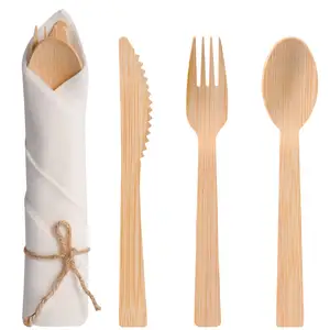 Eco-friendly Pre Rolled Napkin and Bamboo Cutlery Set Bamboo Utensils Biodegradable Wrapped Cutlery for Party, Banquet, Wedding
