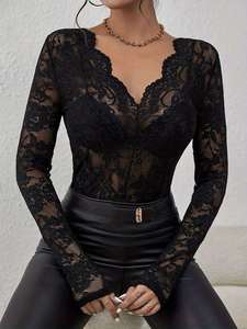 Nouveau T-shirt Automne Hiver 2026 à couche unique, avec dentelle florale ajourée et décoration en forme d'éventail, sexy et élégant - Product Image 2