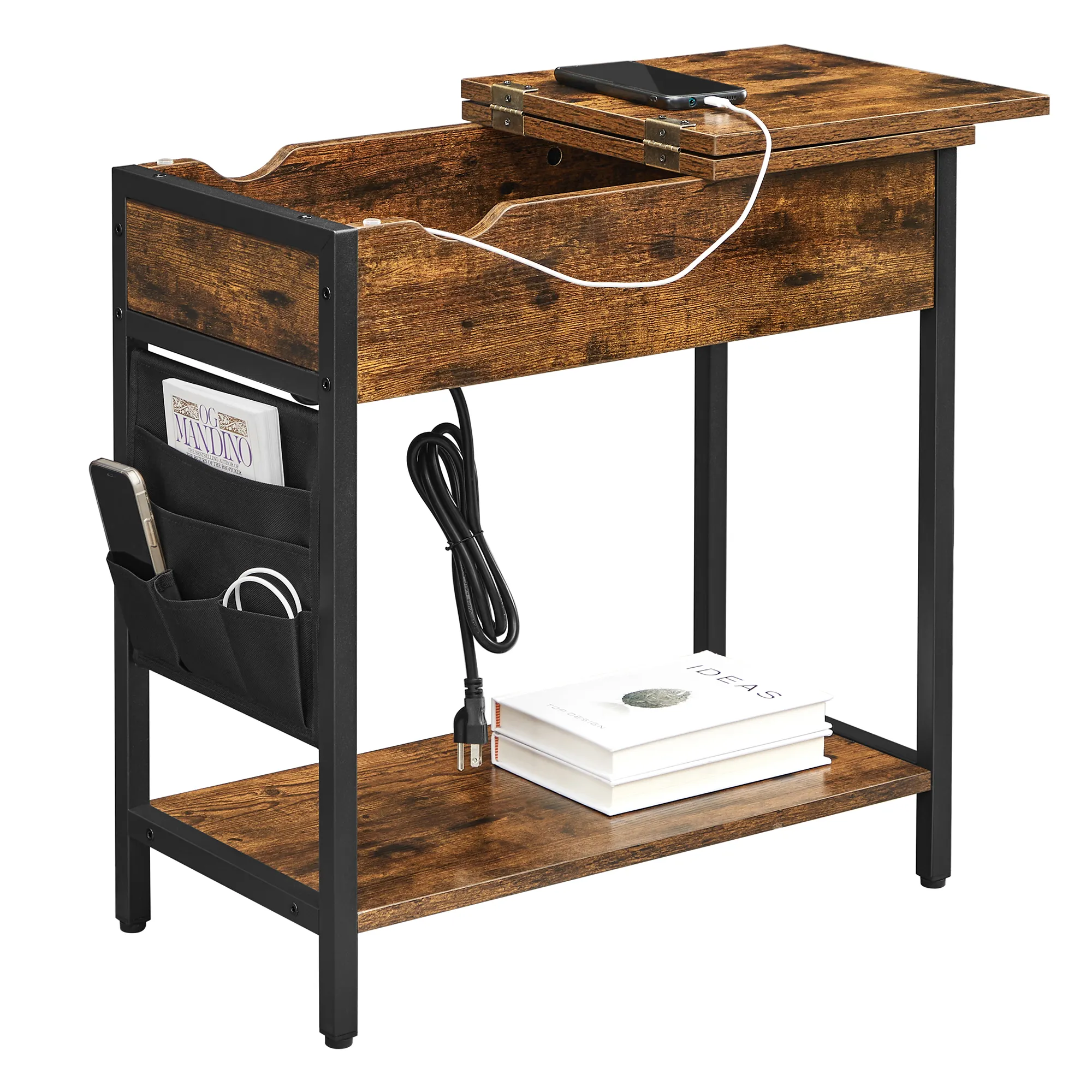 多機能木製エンドテーブルフリップトップサイドテーブル寝室用ベッドサイドスマートサイドテーブルUSB充電器付き