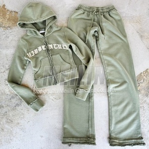 Autumn 2024 Latest Design Custom Clothing Manufacturers <b>Embroidery</b> Zip up Hoodie and Jogger <b>Set</b> Distressed Sweatsuit <b>Set</b> Women - Product Image 1