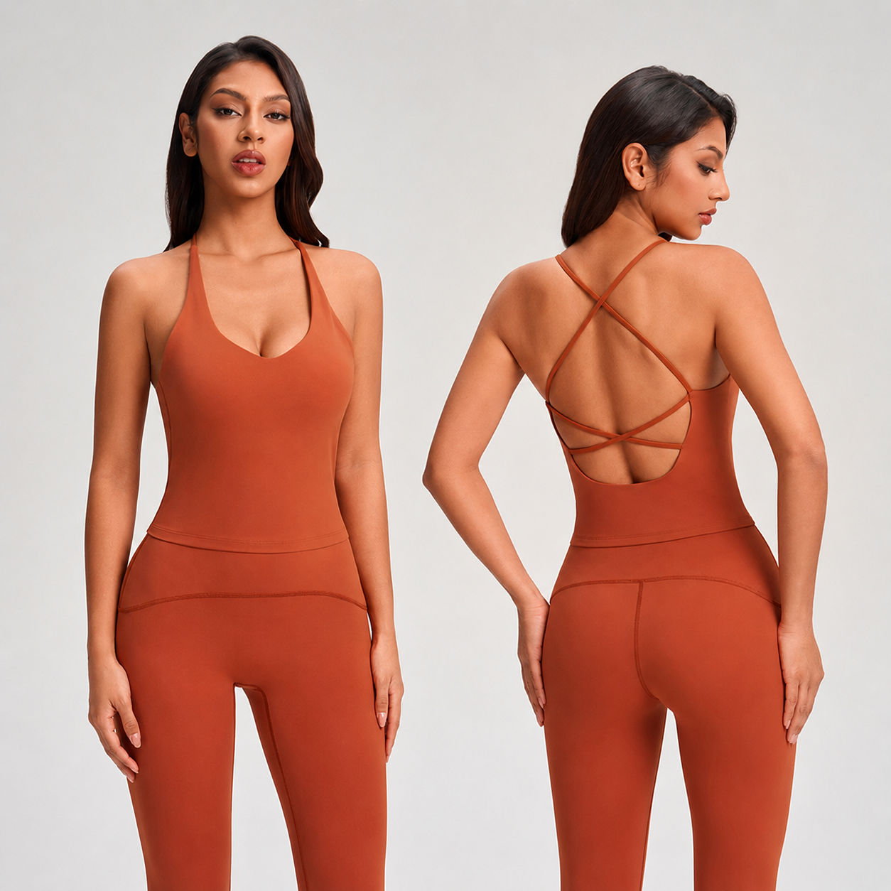 Women's Cross-Back Yoga Tank Top with Built-In Bra Breathable Spandex/Nylon Solid Tight-Fitting Pilates Workout Top