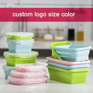 Phụ Kiện Nhà Bếp Nhà Gấp Hộp Ăn Trưa Thực Phẩm Cấp 4Pcs Vuông Silicone Đóng Mở Container Thực Phẩm