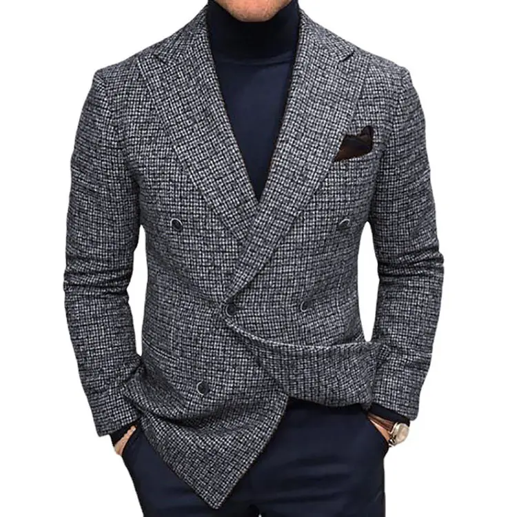 New arrival Men Double Breasted Overcoat Slim Fit Suit Casual Plaid Blazer Formal Suit Business Office Jackets