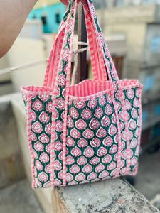 Large Cotton Quilted Duffle Tote Shoulder Bag, Floral Print Washable Overnight Bag, Eco friendly Yoga Shopping Weekender Bags - Product Image 2