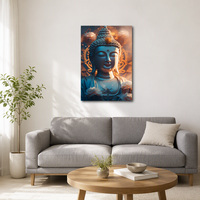 Tableau mural sur toile Statue Bouddha Zen, Peinture Bouddha bleu et or avec fleurs de lotus pour la décoration de salle de méditation, yoga, spa, chambre
