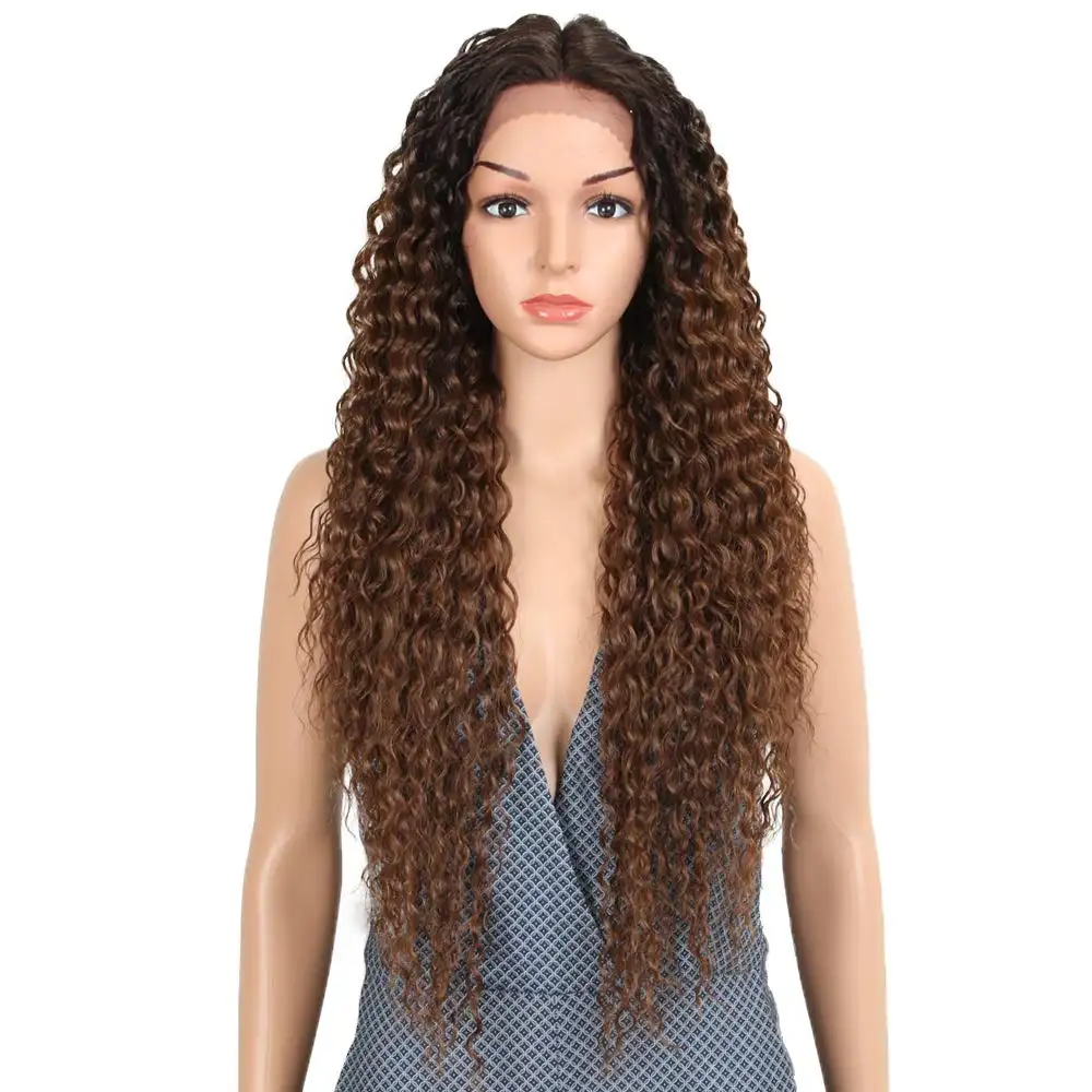 13X3 Lace wig Ombre Brown Long Small Curly Wavy Synthetic Hair Lace Front Wigs For Black Women