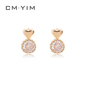 CM ❥ Perhiasan Emas Giwang Pembentuk Hati Kancing Mode Anting-Anting Putih Berlian Tunggal Zincon Kancing untuk Wanita