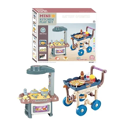 Children Play House Home Kitchen Set Furniture Cook Toys Set Tableware 2 In One Dining Table Toys Food Stroller Cart Toys Kids