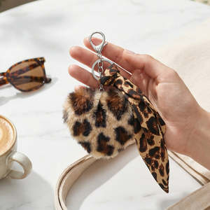 Heart Shaped Leopard Plush Compact Mirror Keychain Silk Ribbon Scarf Charm Dual Sided HD Glass <b>Pocket</b> Makeup Mirror Bulk - Product Image 1