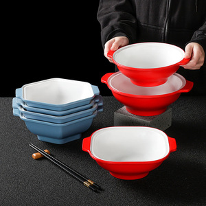 Tazones de melamina grandes, rojos y blancos, con doble asa, para fideos, sopa caliente, uso en restaurantes. - Product Image 1