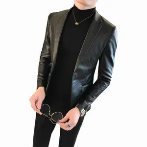 Solid Black Slim Fit Blazer Hombre PU Leather Jacket Men One Button Business Casual Prom Blazers For Men Suit Coat