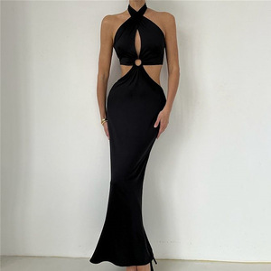 Vestido largo halter sin espalda con cintura recortada para mujer, ideal para eventos nocturnos. - Product Image 3