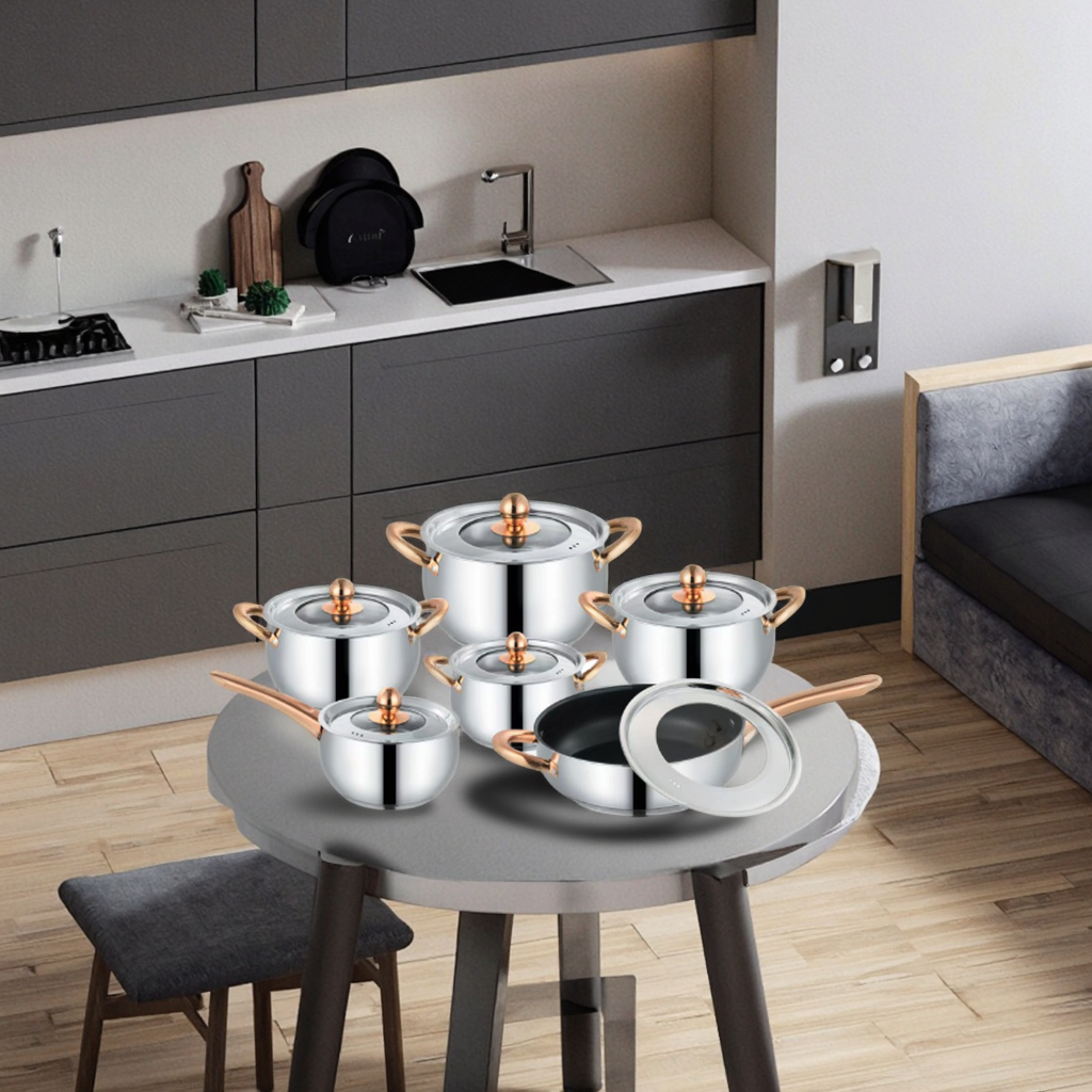 Modern Eco-friendly Stainless Steel Soup Pot Set Belly Shaped 12PCS Thickened Double Bottom Glass Cover Rose Gold Handle Pots · image 4