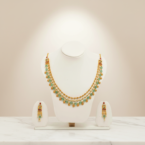 Classic Indian Gold Layered Necklace <b>Set</b> with Green <b>Beads</b> Pearl Accents and Dangle Earrings - Product Image 1