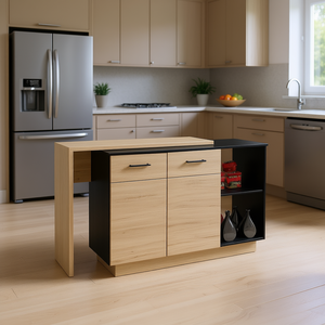 Chariot d'îlot de cuisine avec 1 tiroir et 2 étagères, design moderne en wengue noir et chêne clair - Product Image 2