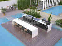 Cuisine extérieure commerciale en aluminium durable Dorene RTA 2026 avec barbecue à gaz, grand four à pizza, tiroirs coulissants