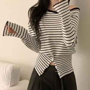 One Shoulder <b>Striped</b> Knitted <b>Long</b> <b>Sleeve</b> <b>Top</b> with Cinched Waist-Compressed Digital Printing Slim Fit Casual & Versatile Basic - Product Image 3