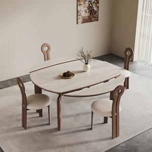 Solid Wood Slab <b>Dining</b> Table Extendable Travertine Top 4 Piece <b>Set</b> Wabi Sabi Style <b>Dining</b> Room Furniture - Product Image 3