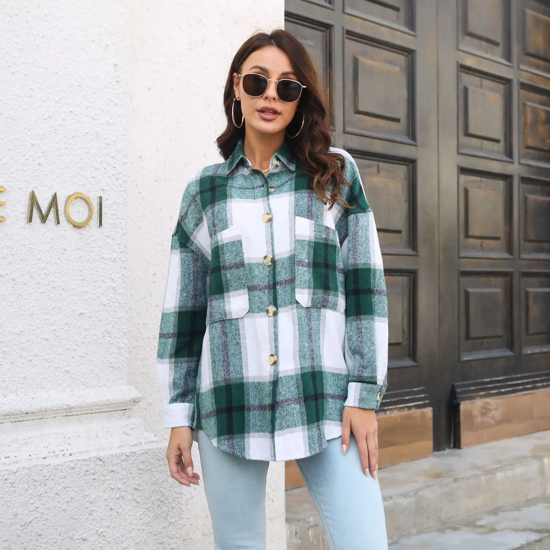 2022 Fashion Women Plaid Shacket Ladies Trendy Jacket Flannel Shirts