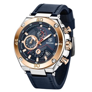 Benyar Men's Quartz Watch Three Dial Chronograph Stainless Steel Case Leather <b>Strap</b> 12mm 30M Waterproof Analog Display - Product Image 1