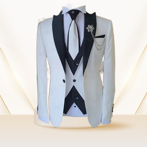 Abito da sposo a 3 pezzi da uomo, design alla moda, gilet <span class=keywords><strong>bianco</strong></span>, pantaloni blu royal, smoking. - Product Image 3
