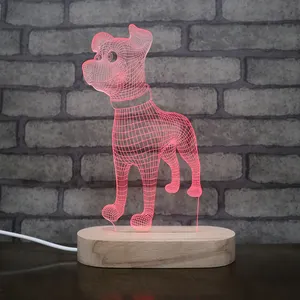 Hond Ontwerp Houten Base 3d Illusion Led Lamp Met Touch Schakelaar Nachtlampje Voor Kinderen Kamer