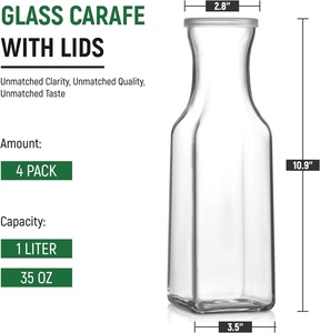 Carafe en verre avec couvercle, lot de 4 carafes carrées en verre, récipients à jus, pichets, distributeurs de boissons pour boissons froides, eau, jus, thé, vin - Product Image 5