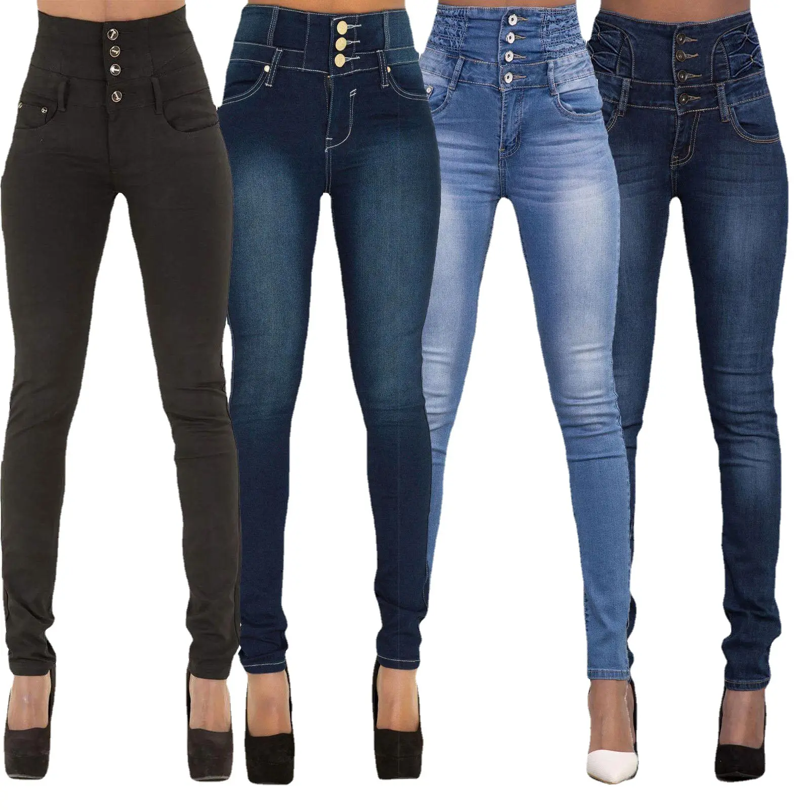 Groothandel Populaire Mode Zwart Skinny Hole Gescheurde Denim Colombian Jeans Elastische Broek Broek Dames Grote Maat Jeans