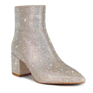 WETKISS женская обувь от производителя, низкие ботинки на блочном каблуке, ботинки цвета шампанского, блестящие ботинки со стразами для вечеринки
