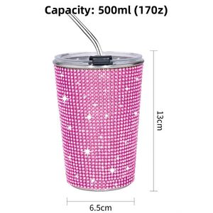 แก้วกาแฟเก็บความเย็นสแตนเลสสตีล 500 มล. พร้อมฝาปิดและหลอดดูด สำหรับผู้ใหญ่ ลายเพชรระยิบระยับ ของขวัญสำหรับผู้หญิงในงานปาร์ตี้ - Product Image 5