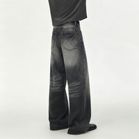 Pantalon en jean noir et gris style rétro américain, coupe ample, épais, délavé, effet usé, tendance, décontracté, jambe droite et large