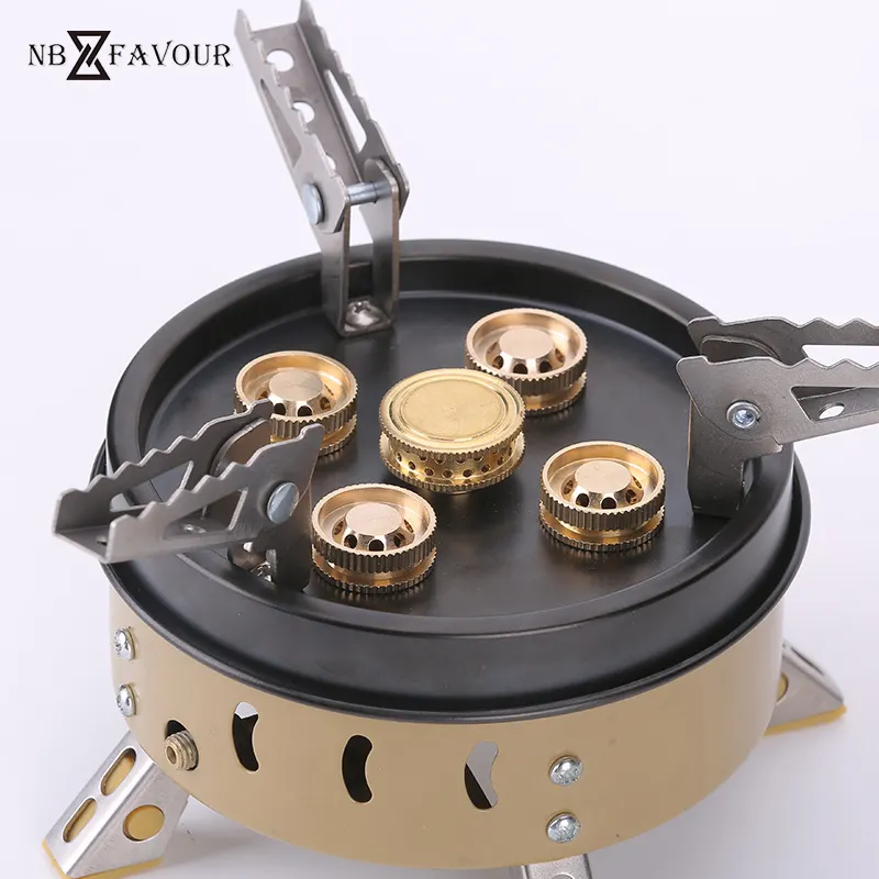 NB-FAVOUR High-Power 5 Head Steel Camping Stove Portable BBQ Cookware Super Windproof Foldable Gas Butane Fuel Manual Outdoor