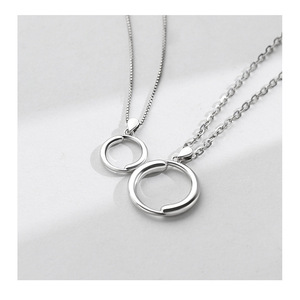 Couple Necklace Geometric Circle Pendant Silver Chain Everyday Wear QLXL-010 - Product Image 4
