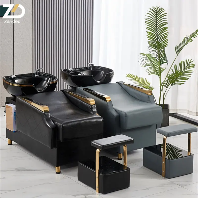 Moderne Haar wasch stationen Shampoo Bett und Luxus Gold Wash Haars chale mit Waschbecken Friseursalon Shampoo Stuhl